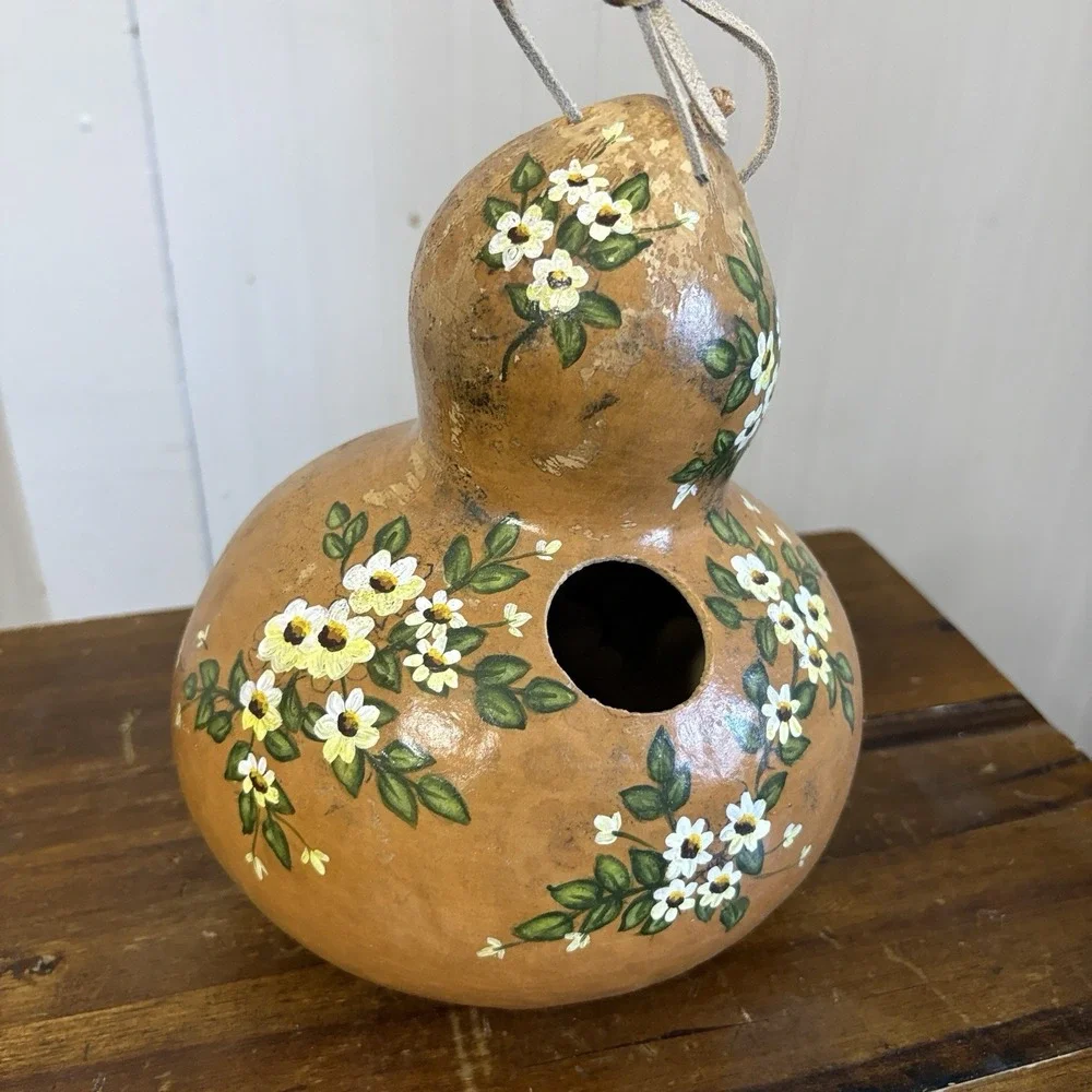 Vintage Hand Painted Gourd Bird House Hanging Floral Folk Art Garden Party